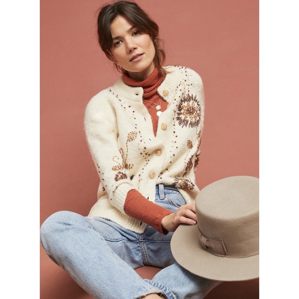 Anthropologie Field Flower Tuileries Cardigan Ivory Beaded Size XS EUC
